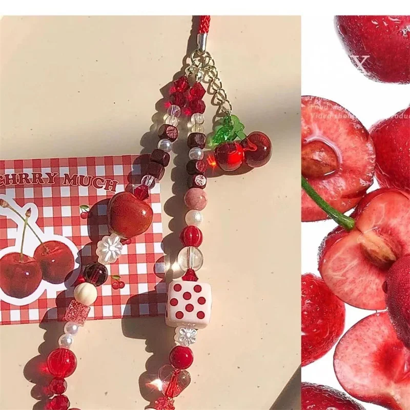 Cute Red Cherry Pendant Mobile Phone Case Chain Phone Chain Handmade Beaded Anti-Lost Rope Phone Accessories Gifts