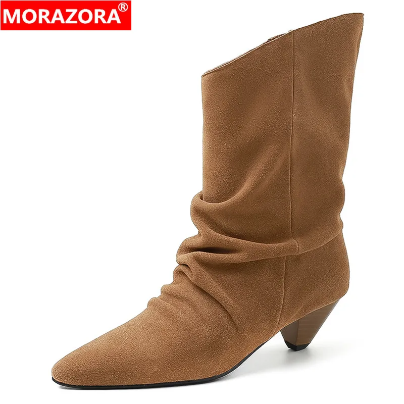 

MORAZORA 2027 New Fashion Cow Suede Leather Western Boots 5cm High Heels Ankle Boots Autumn Winter Women's Booties