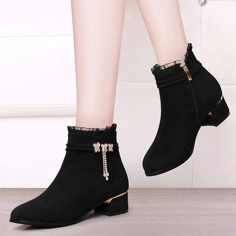 

Suede rough heel butterfly pendant short boots French pointed fashion boots new style with suede leather boots