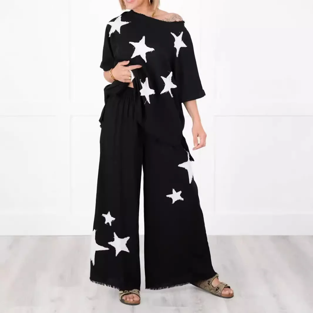 New Loose Printing Short-sleeved Crew Neck Top And Trousers Casual Suit Two-piece Set