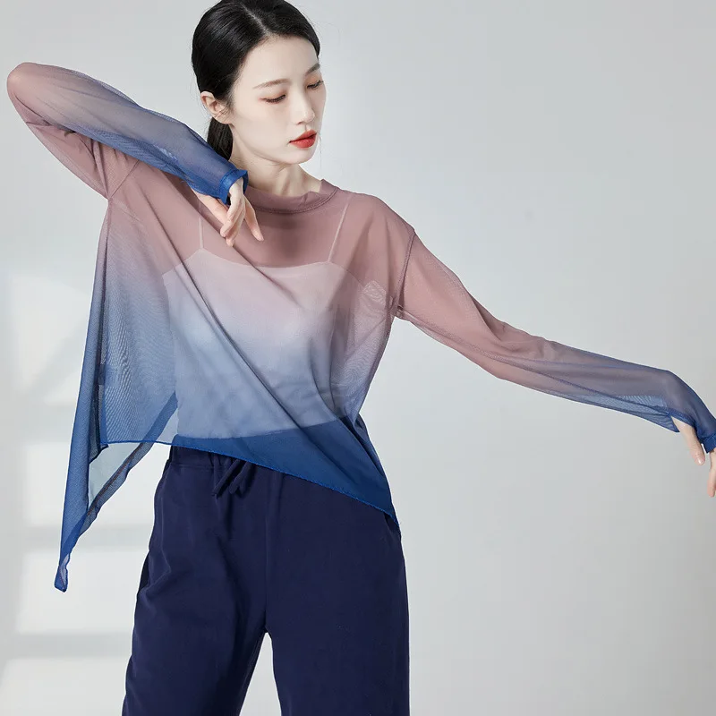 

Classical dance gauze elegant split fork gradual change mesh top Chinese dance practice clothes women
