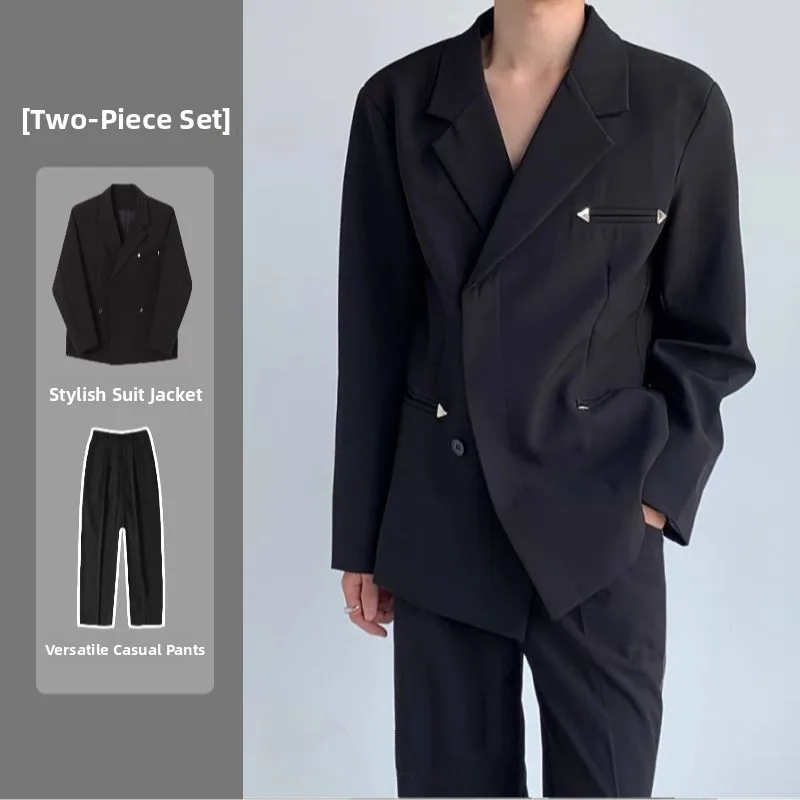 

Men's Suit Set oulder Pad Metal Decoration Simple High-End Trendy Top Coat Spring Busin Casual Long Sve Regular Length