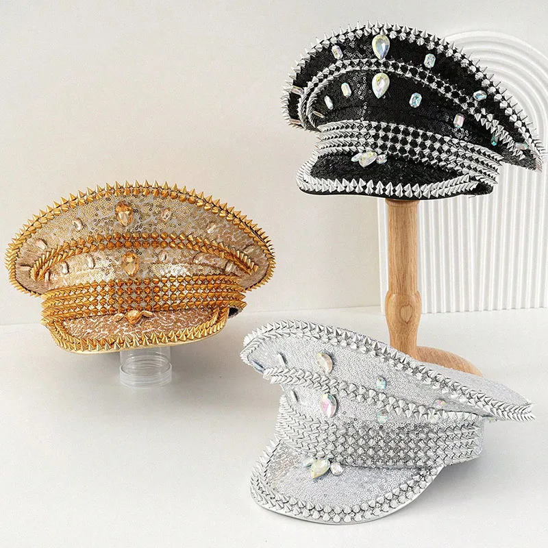 

Fashion Party Sequins Band Hats Punk Diamond Festival Birthday Wedding Bridal Hat Music Party Stage Hat Women Men Captain Caps