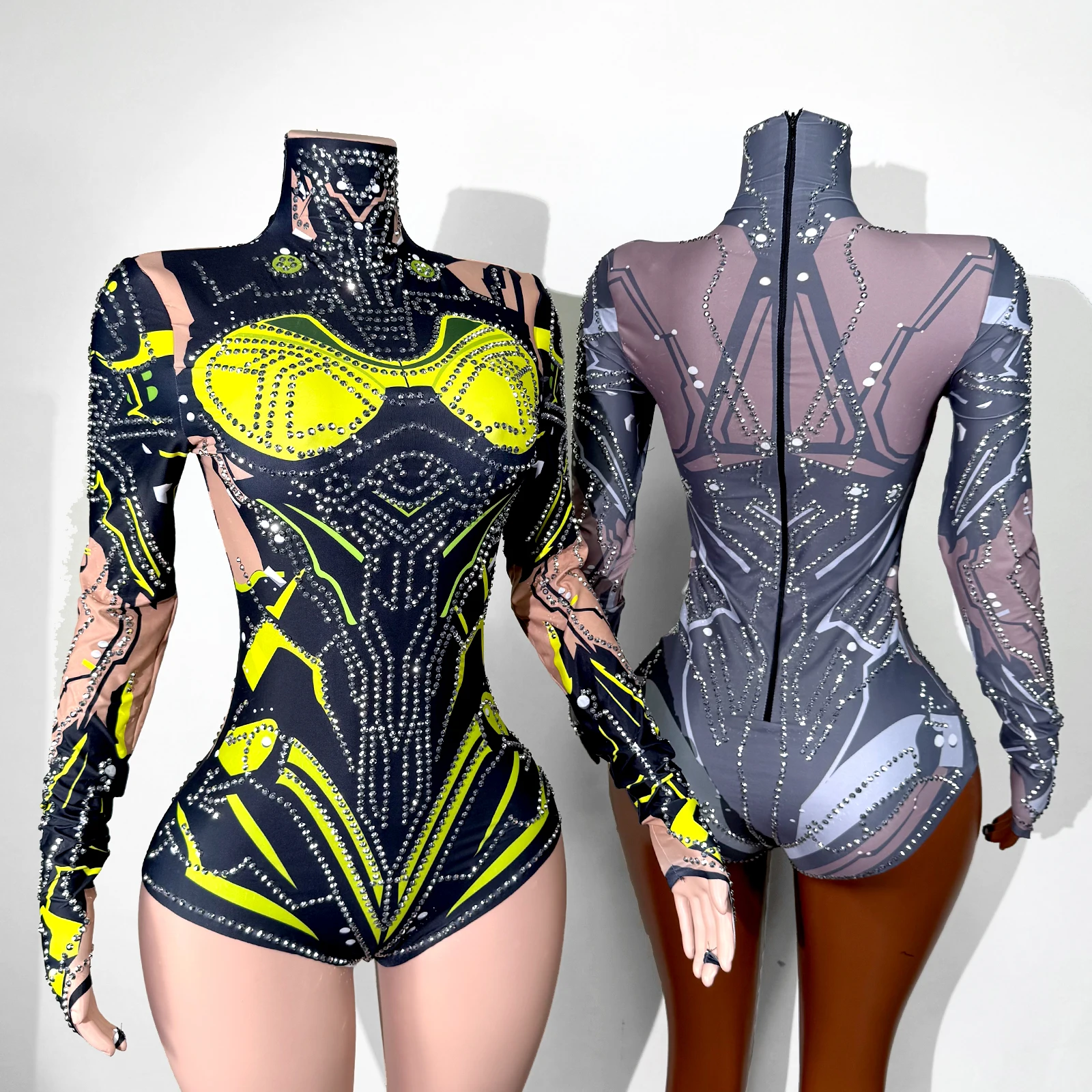 

Sparkly Green Grey Rhinestone Bodysuit Dance Singer Birthday Party Bar Nightclub Stage Festivals Performance drag queen Costume