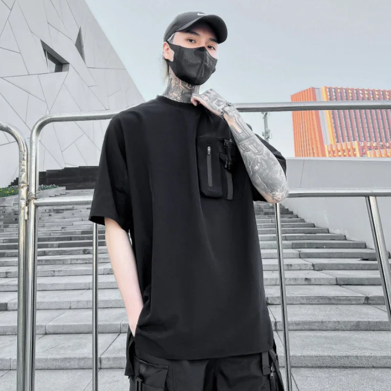 2023 Summer Tactical T-Shirt Mens Techwear Pocket Design Functional T Shirt Streetwear Harajuku Tshirt Black Tees Tops