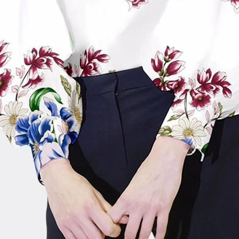 Elegant Blue and White Porcelain Slim Blouse Women Fashion Classic Puff Sleeve Polo Collar Lady Single-breasted Shirt
