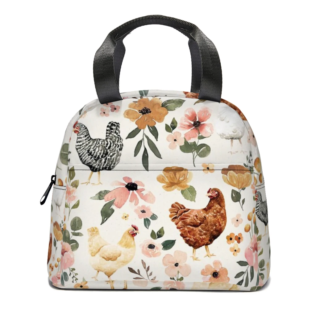 Watercolor Chicken Floral, Charlotte Floral Collection Lunch Bag for School Waterproof Picnic Thermal Cooler Insulated Lunch Box