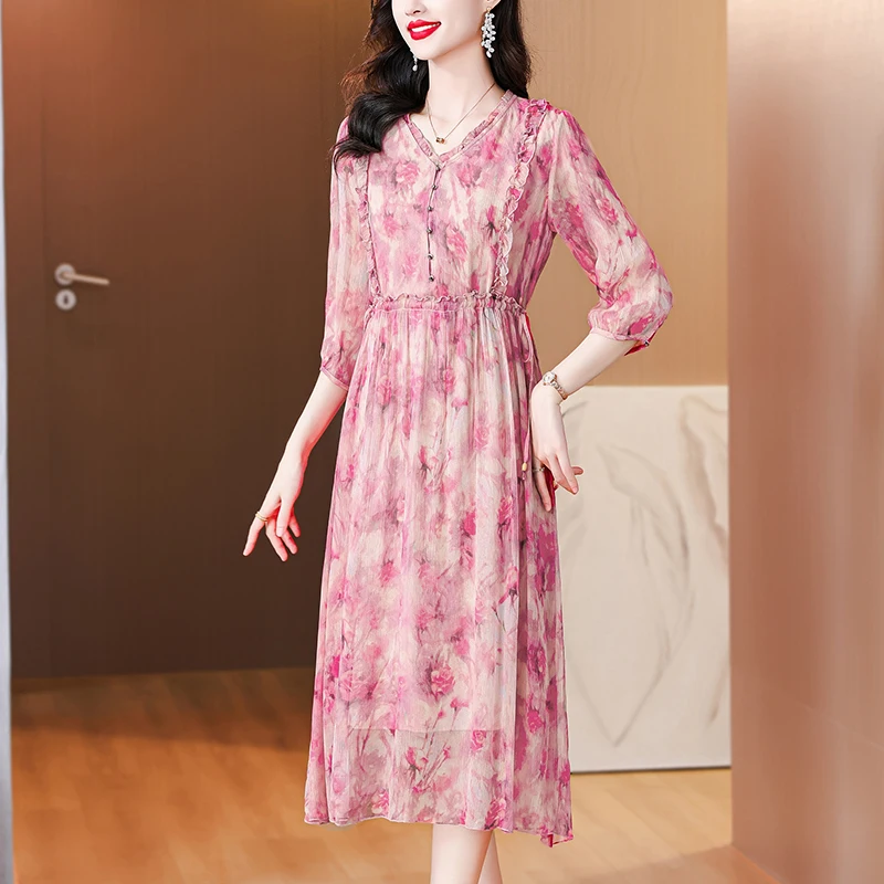 

2024 Summer Dress Print Silk Casual Beach Style Women's Elegant Bodycon Luxury Party Vesitdos Korean Fashion Chic Holiday Dress