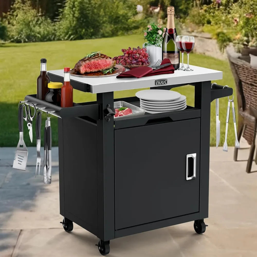 

"Outdoor Stainless Steel Patio Bar Cart with Enclosed Cabinet and Storage Drawers for Portable Kitchen Storage"