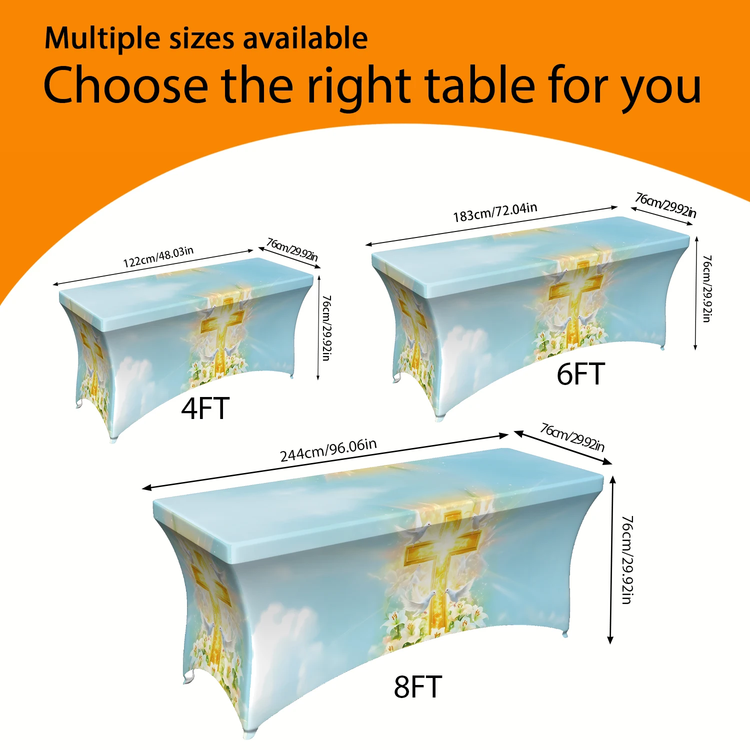 1PC Summer Outdoor Elastic Tablecloth, Cross & Sky Cloud Digital Print, 4/6/8FT Rectangular Stretch Table Co