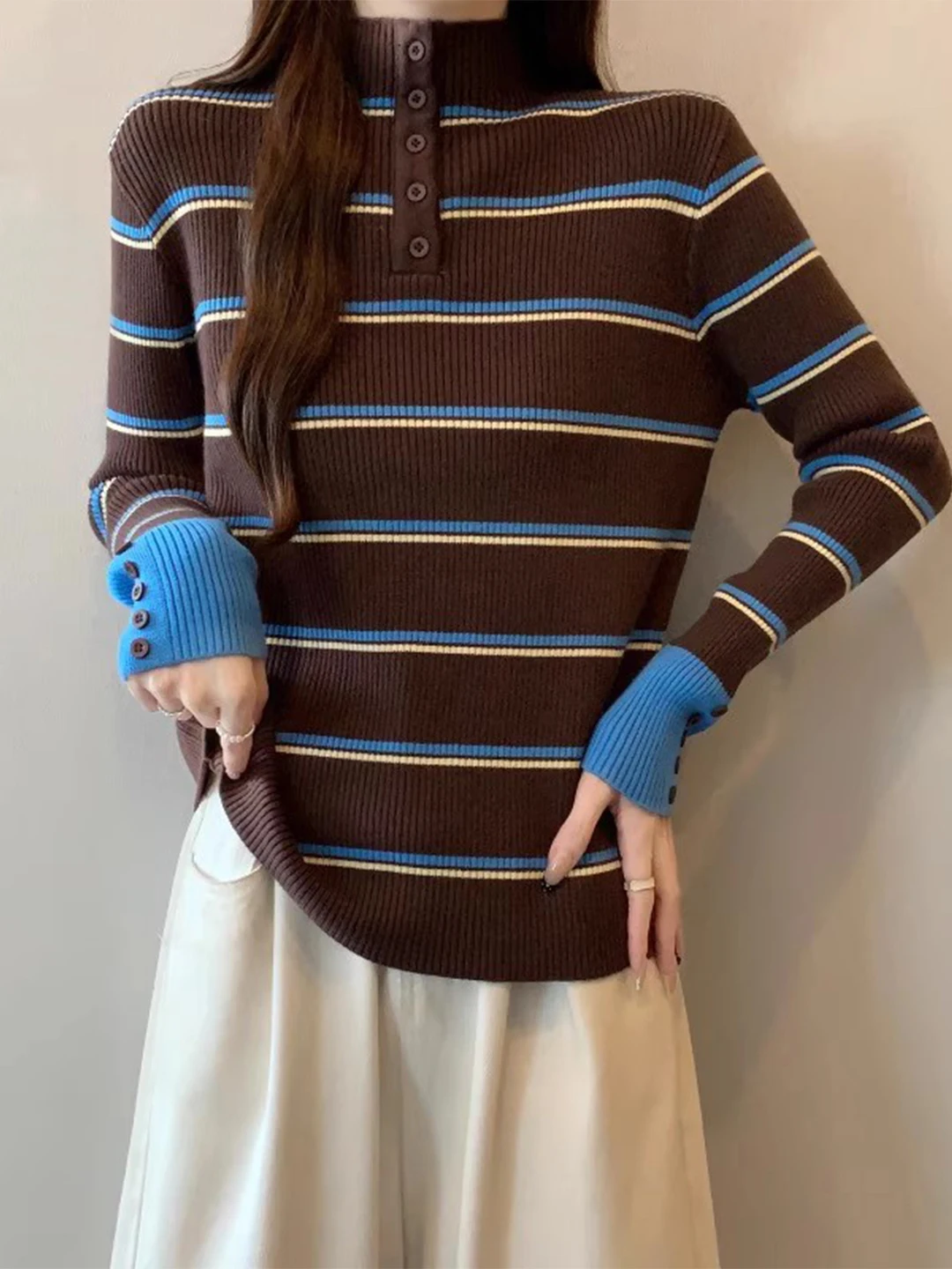 

Женский вязаный свитер в полоску в стиле ретро Ne Long Sve, базовый слой большого размера, топ на осень-зиму, мягкая шерстяная смесь