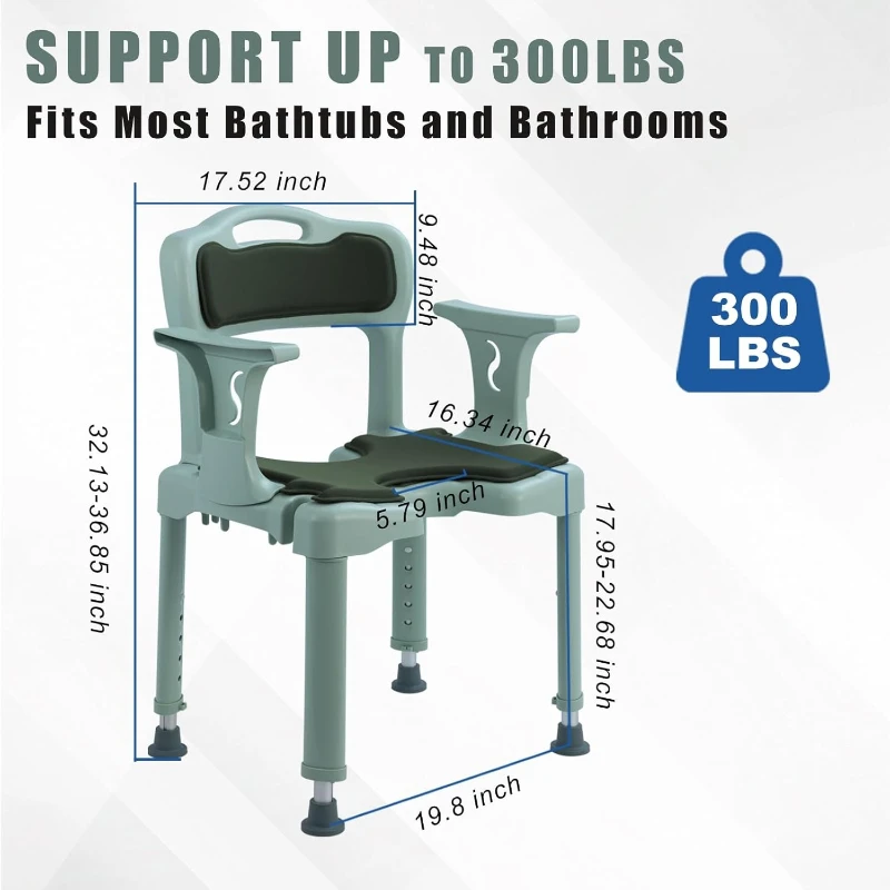 كرسي استحمام مريح لكبار السن والمعاقين، مقعد دش مع ظهر مبطن ومسند للذراعين، ارتفاع 5 مستويات قابل للتعديل