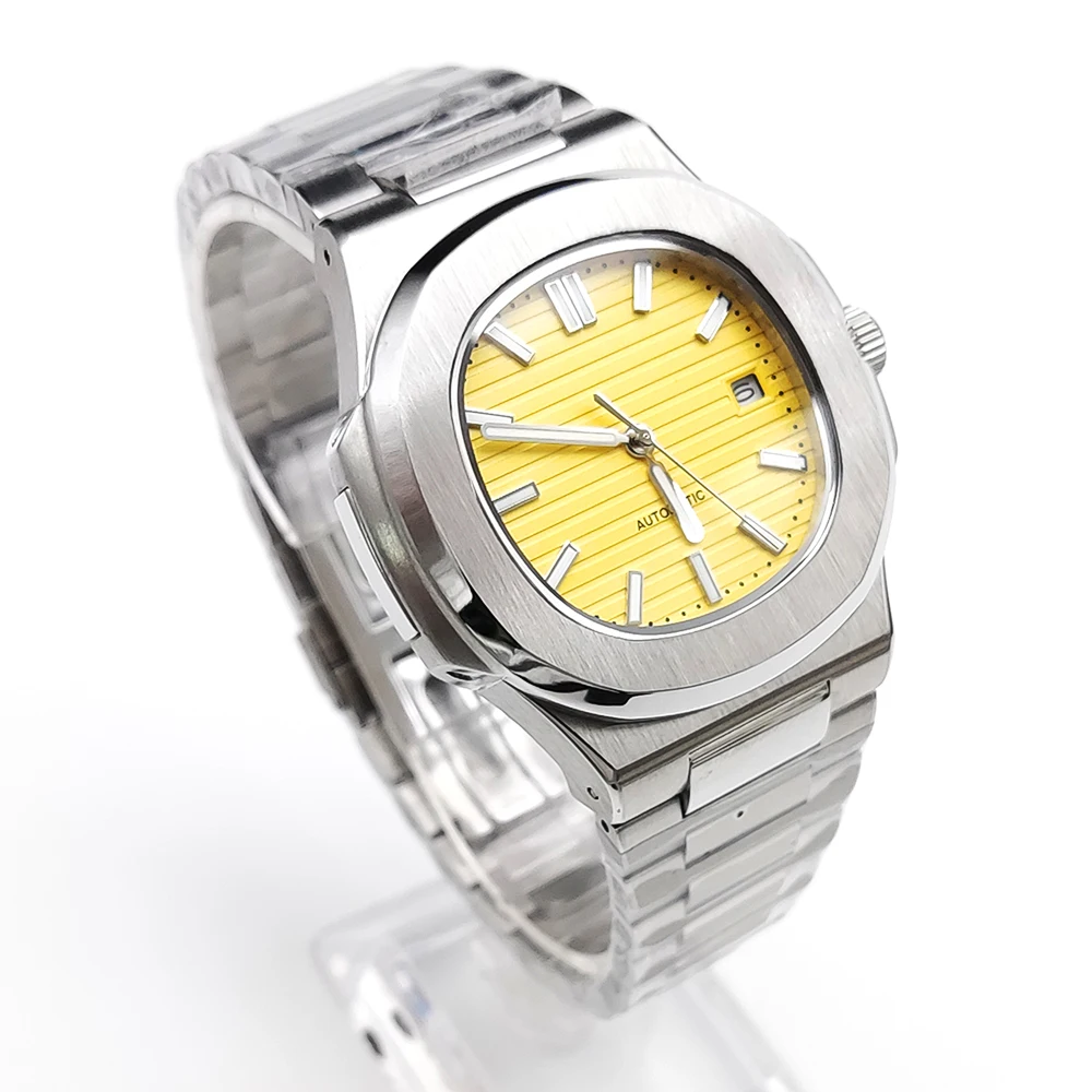 40mm Yellow Square Mechanical Automatic Men\'s Watch Japan Movement NH35/8215 Date Sapphire Glass Stainless Steel Strap