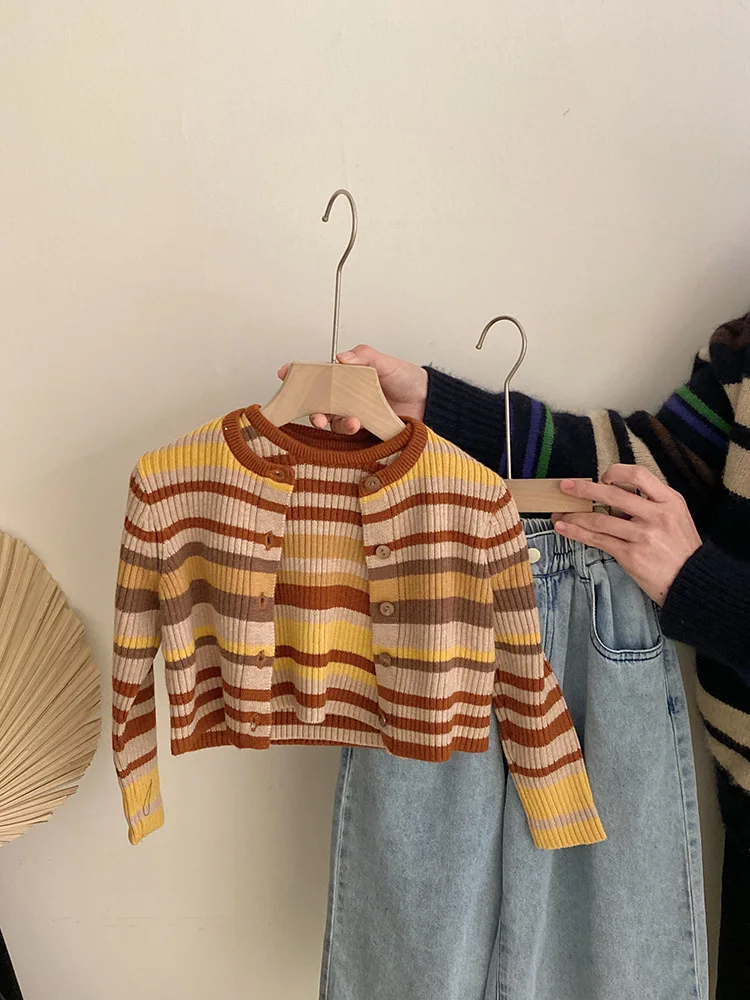 

Girls Spring New Striped Cardigan Vest2025Fashion White Belt Solid Color Wide-Leg Jeans Three-Piece Set