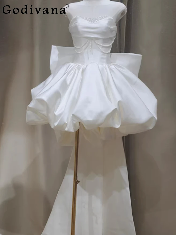 

Temperament French Sexy Strapless Satin Short White Big Bow Dress New Fashion High Waist A-line Elegant Girl Princess Dresses