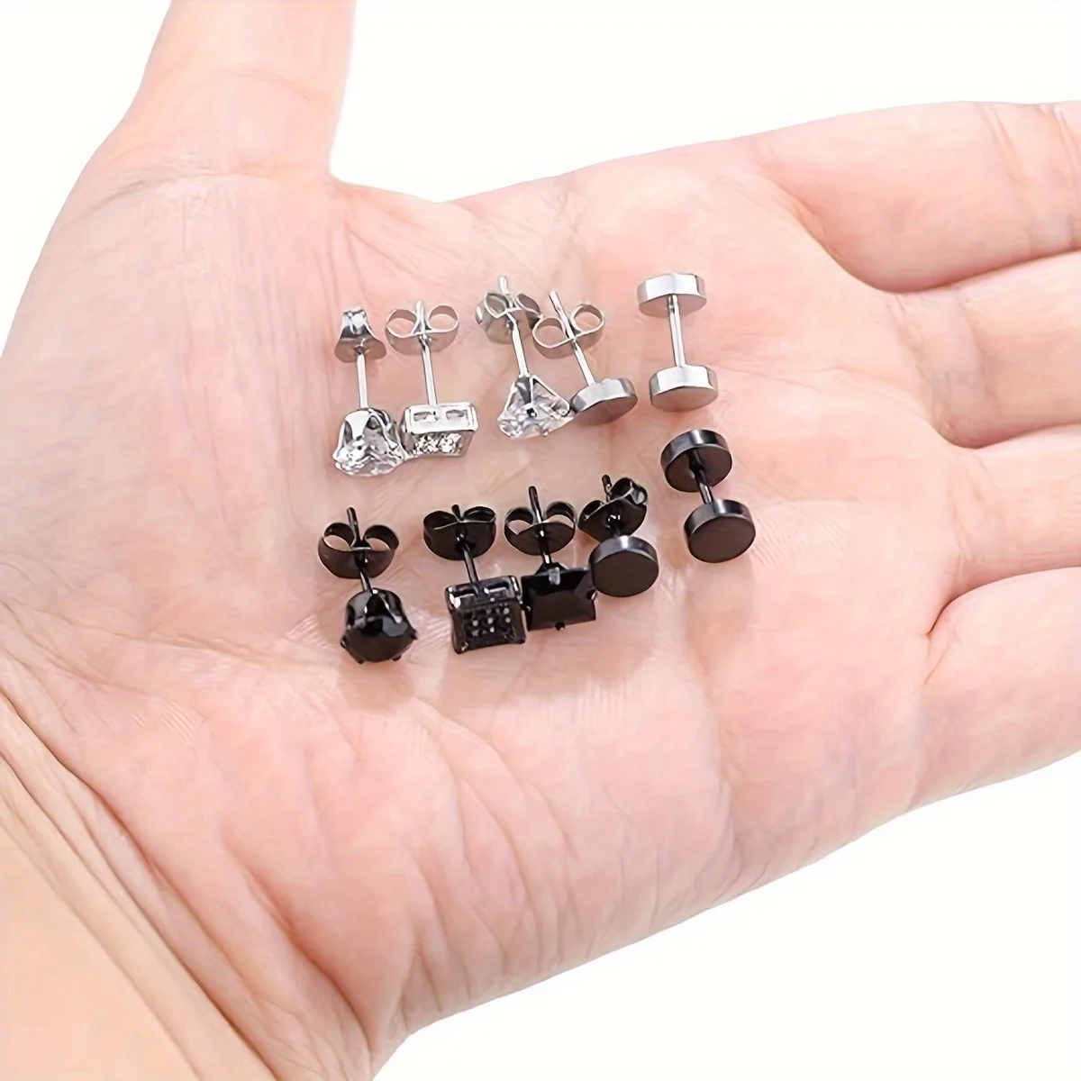 5 Pairs Stainless Steel Stud Earrings For Men, Cubic Zirconia Round Square Stud Earrings, Holiday Party Gift