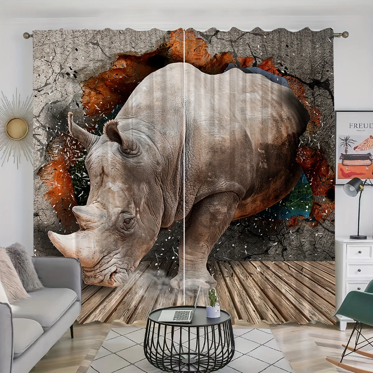 

3D 2pcs Rhino Elephant Animal Curtains Rod Pocket Decor Window Drape Window Treatments For Bedroom Living Room Office Home Decor