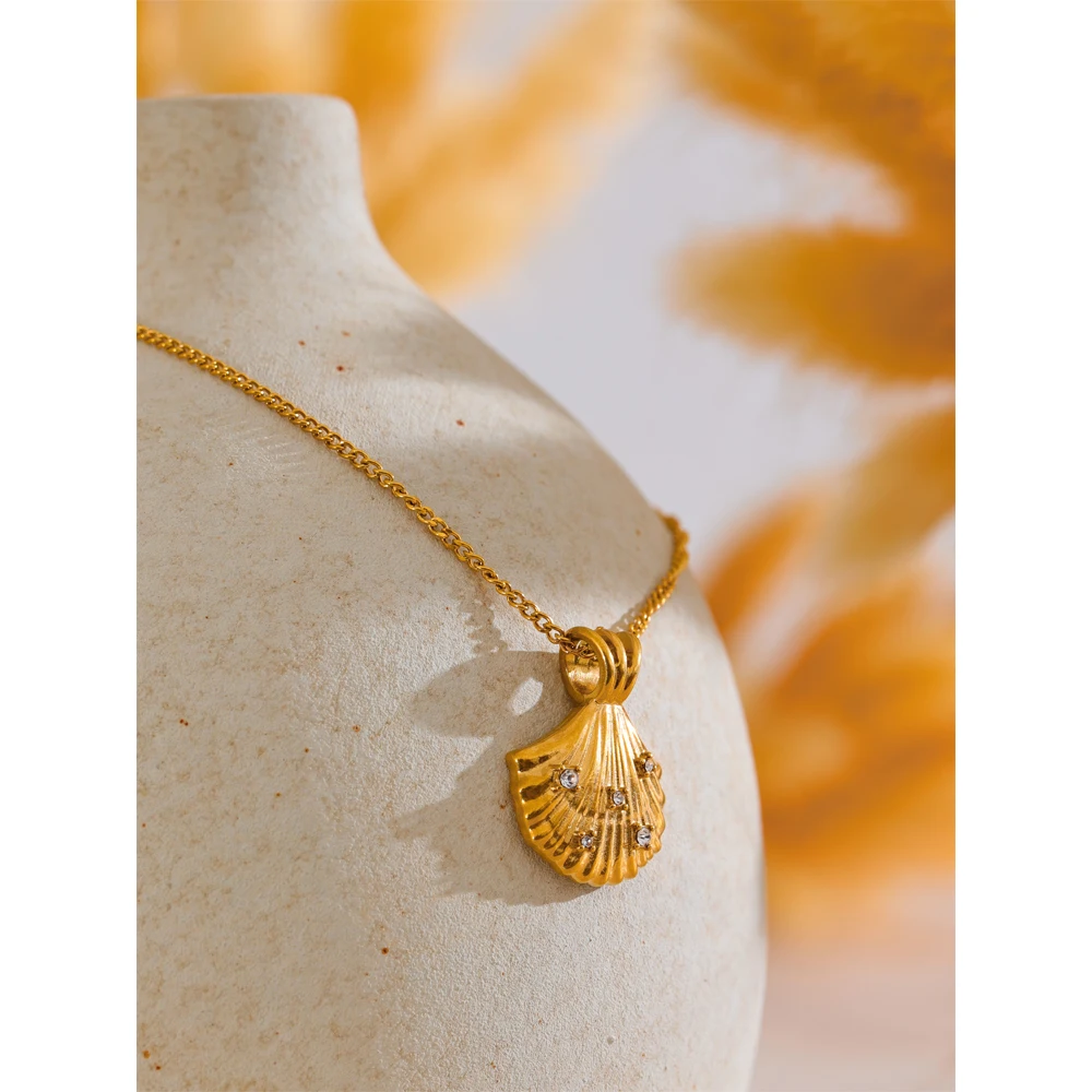 Yhpup Ocean Style 316L Stainless Steel Casting Zirconia Metal Shell Necklace Fashion Pendant Trendy Summer Jewelry Waterproof