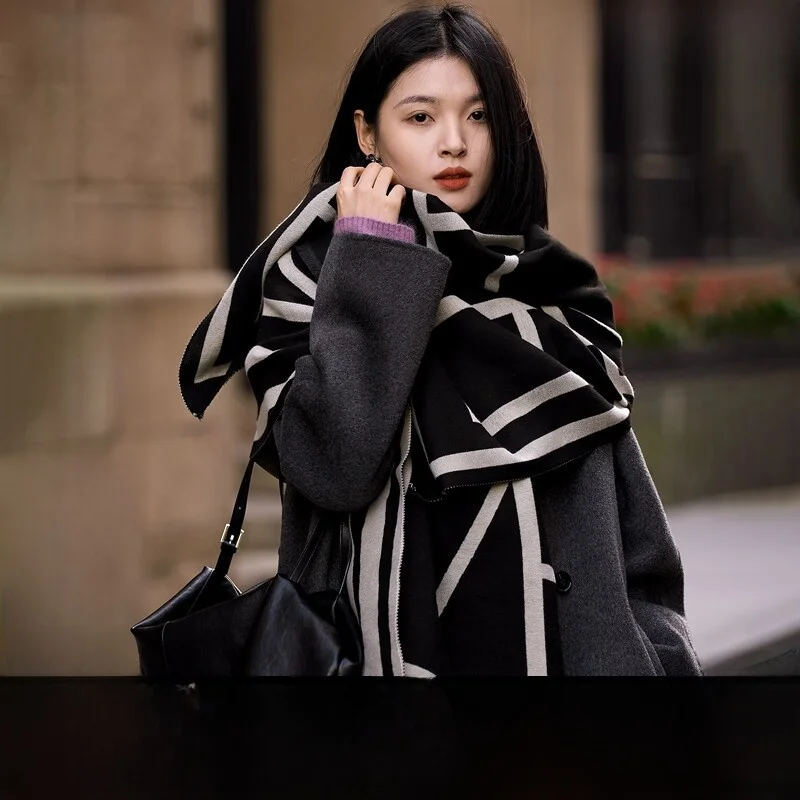 viney-women's-double-sided-scarf-travel-warmth-versatile-black-white-large-neck-warmer-spring-autumn-winter-fashion-accessory