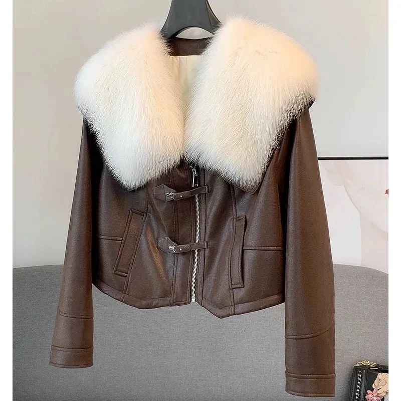 2024 New Winter Lamb Fur Sheepskin Patchwork Coat Faux Fur Leather Jacket Streetwear Loose Fur Warm Motorcycle Biker Parka ﻿