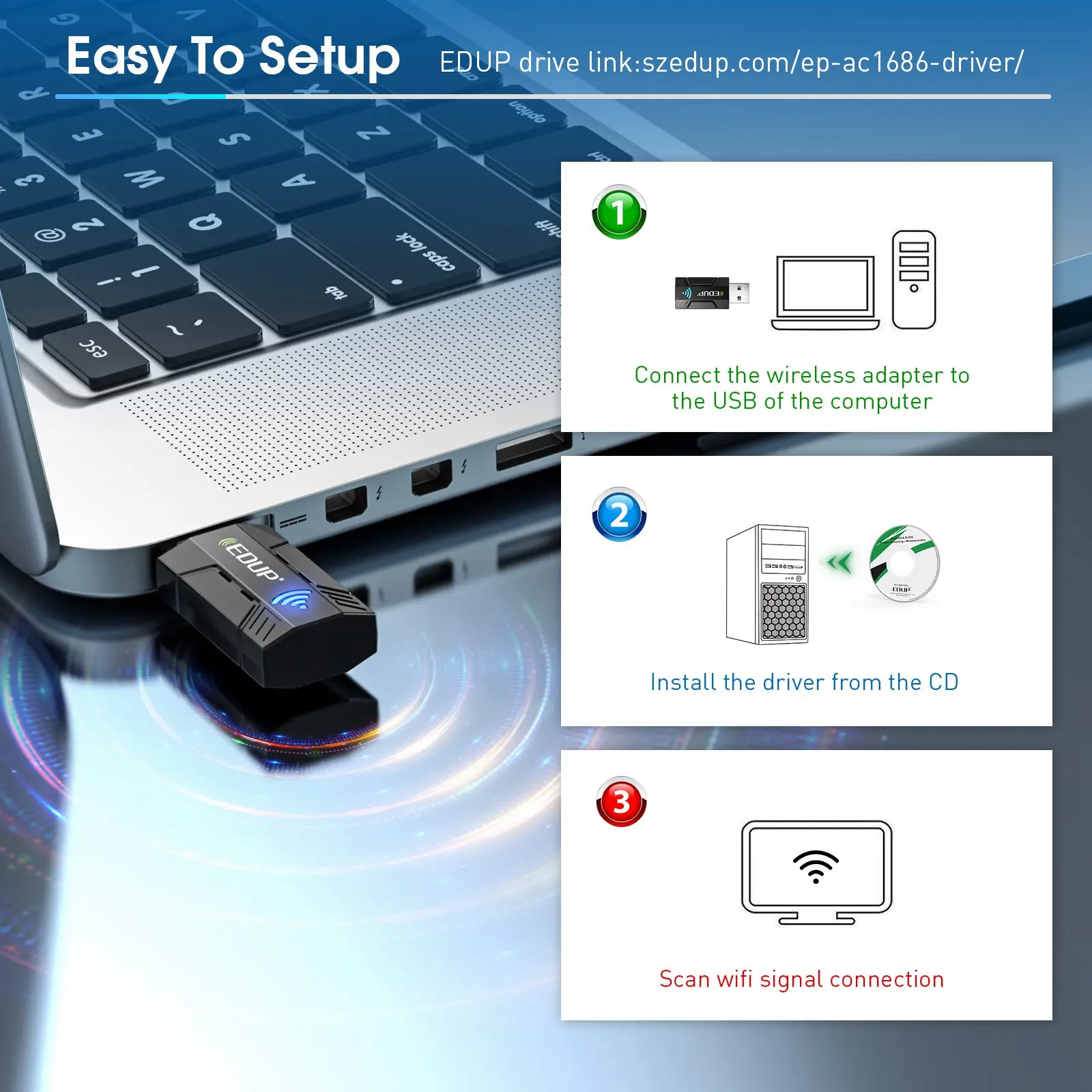 EDUP-tarjeta de red inalámbrica USB 3,0 de 1300M, adaptador WiFi de 2,4G y 5G, banda Dual, adaptador de señal estable para PC, escritorio y portátil