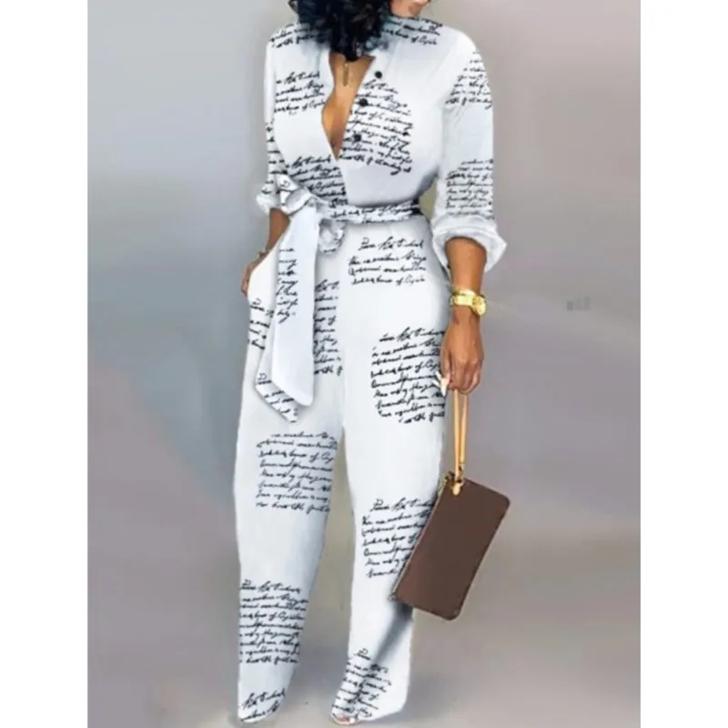 Harajuku Fashion Casual Newspaper Print One Piece Pants Loose Lapel Long Sleeve Women\'s Shirt Pants Elegant Jumpsuit Women