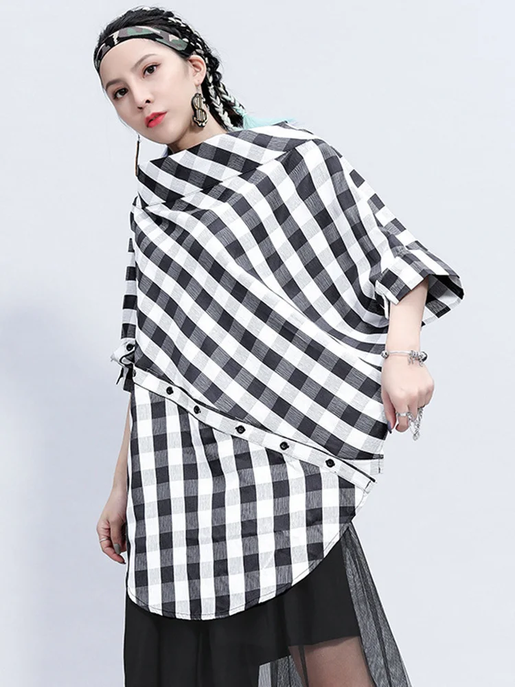 Women Black Irregular Plaid Big Size Blouse New Slash Neck Batwing Sleeve Loose Shirt Fashion Spring Autumn