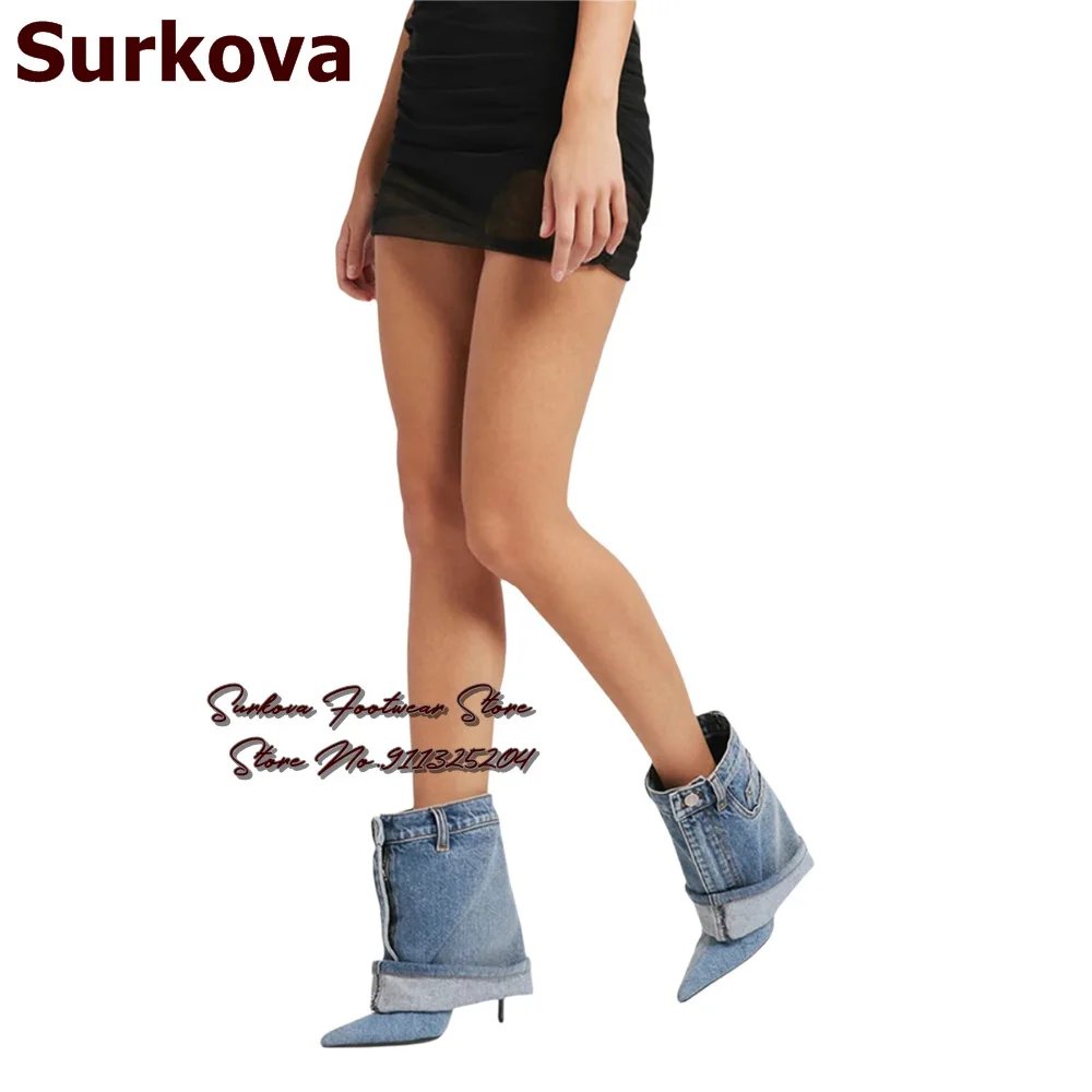 Surkova Blue Jeans Thin High Heel Pointed Toe Ankle Boots Denim Pockets Decoated Turn-Over Short Bootis Sewed Designer Shoes