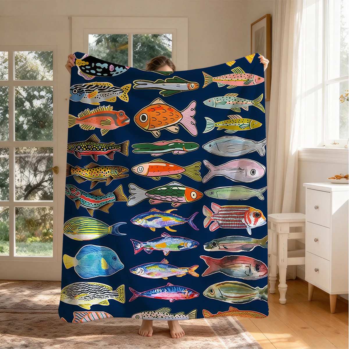 Vintage Fish Collection Flannel Blanket Warm Soft Halloween Christmas Couch Warm Cozy Decorative Decor Gift for All Season