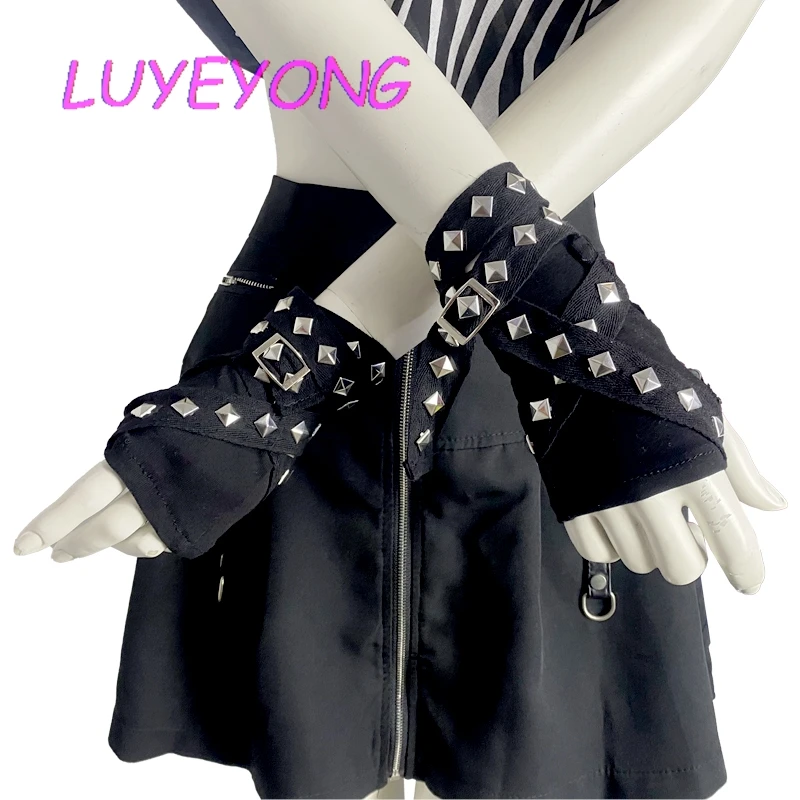 Women Punk Mittens Rivet Ribbons Unisex Ninja Harajuku Gloves Black Wrist Length Fingerless Streetwear 2024 Spring Summer