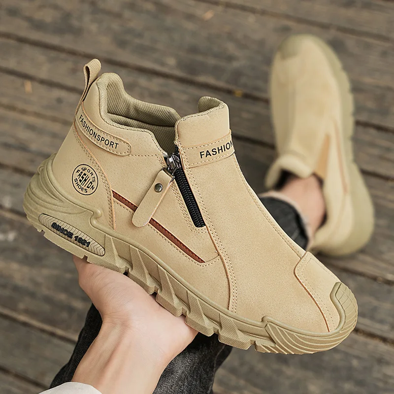 

Trendy Men's All-season Flat Mid-top Side Zipper Lightweight Outdoor Breathable Solid Color Large-sized Casual Sports Shoes