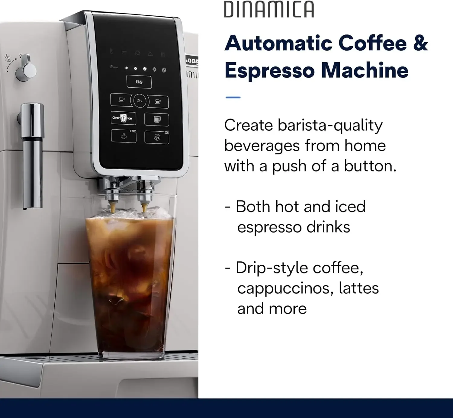 Dinamica Espresso Machine, White Automatic Bean-to-Cup Brewing, Built-In Steel Burr Grinder, Manual Frother