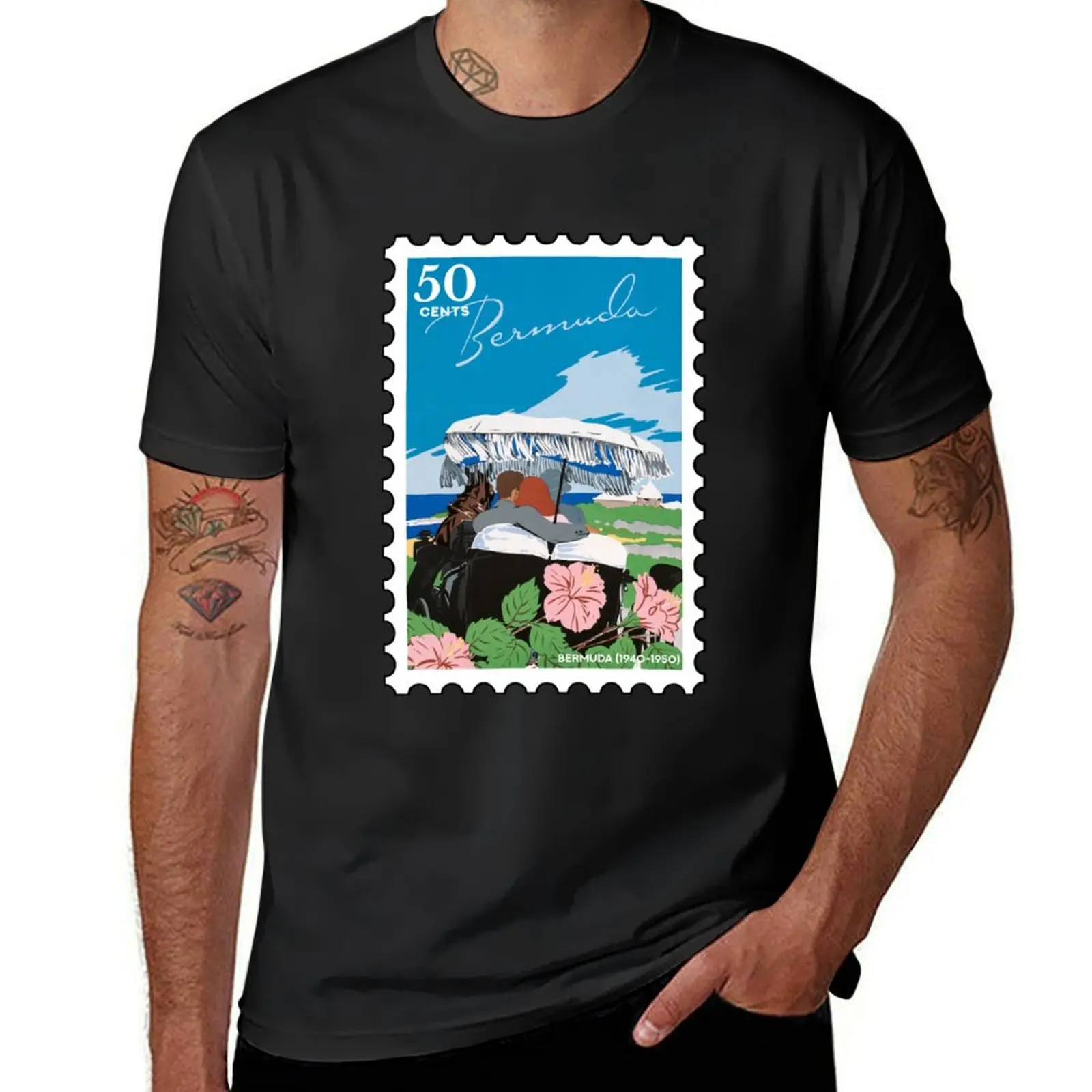 Bermuda (1940-1950), vintage travel stamp T-Shirt hippie clothes summer tops men workout shirt