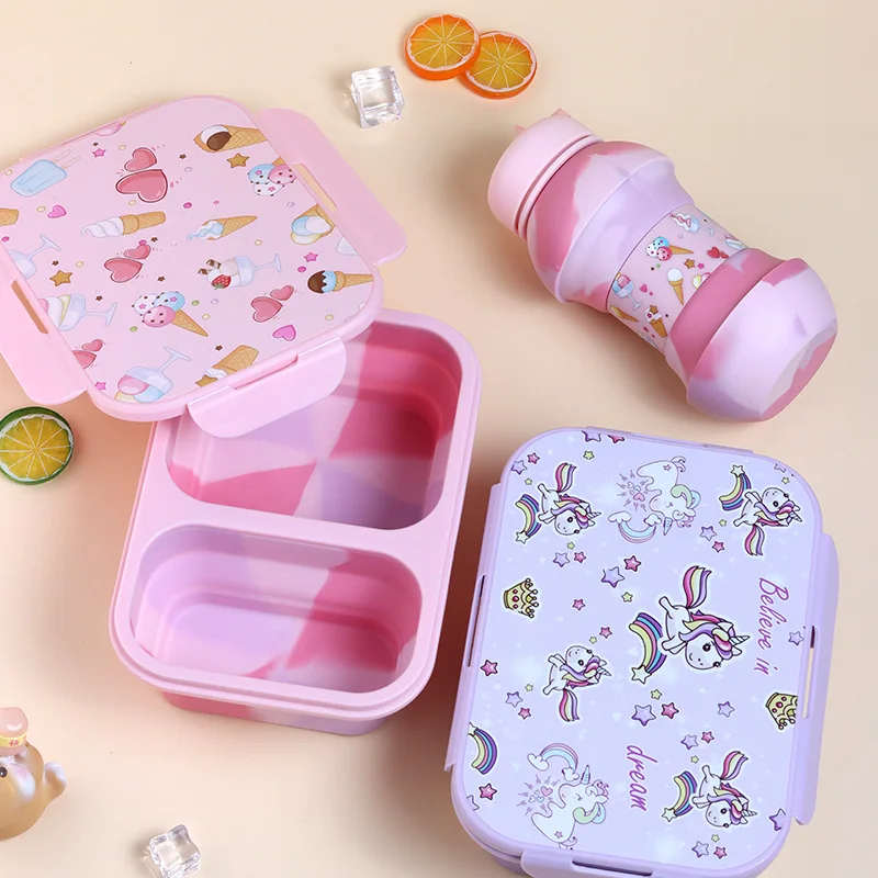 Silicone Folding Lunch Box and Water Bottle Set Silicone Crisper Box Kids Bento Box Student Lunch Box Cartoon Water Bottle