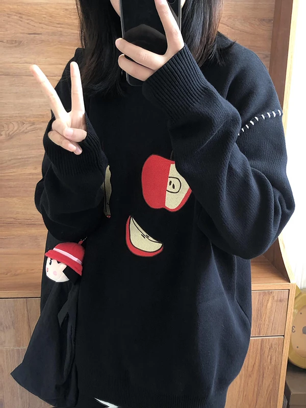 Retro American round Ne Sweater Women's Loose Lazy Sle Bla Overhead Fun Top Thiened Polyester Fiber Long Sve