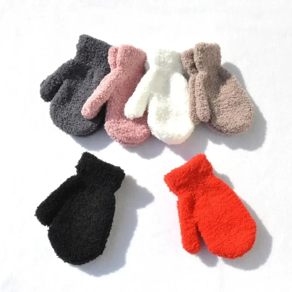 Winter 5-11Y Children Coral Fleece Warm Gloves for Baby Students New Solid Color Mittens Outdoor Knitting Cycling Skiing Gloves