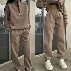 2pcs Women's Clothing Set Casual Fashion Long-Sleeved Sweater & Elastic Trousers Autumn Winter Solid Color