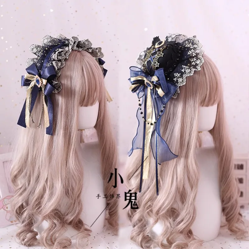 Ribbon Bow Hairband with Hairpins Girls Lolita Lace Ruffled Headband Sweet Embroidery Anime Maid Cosplay Headdress