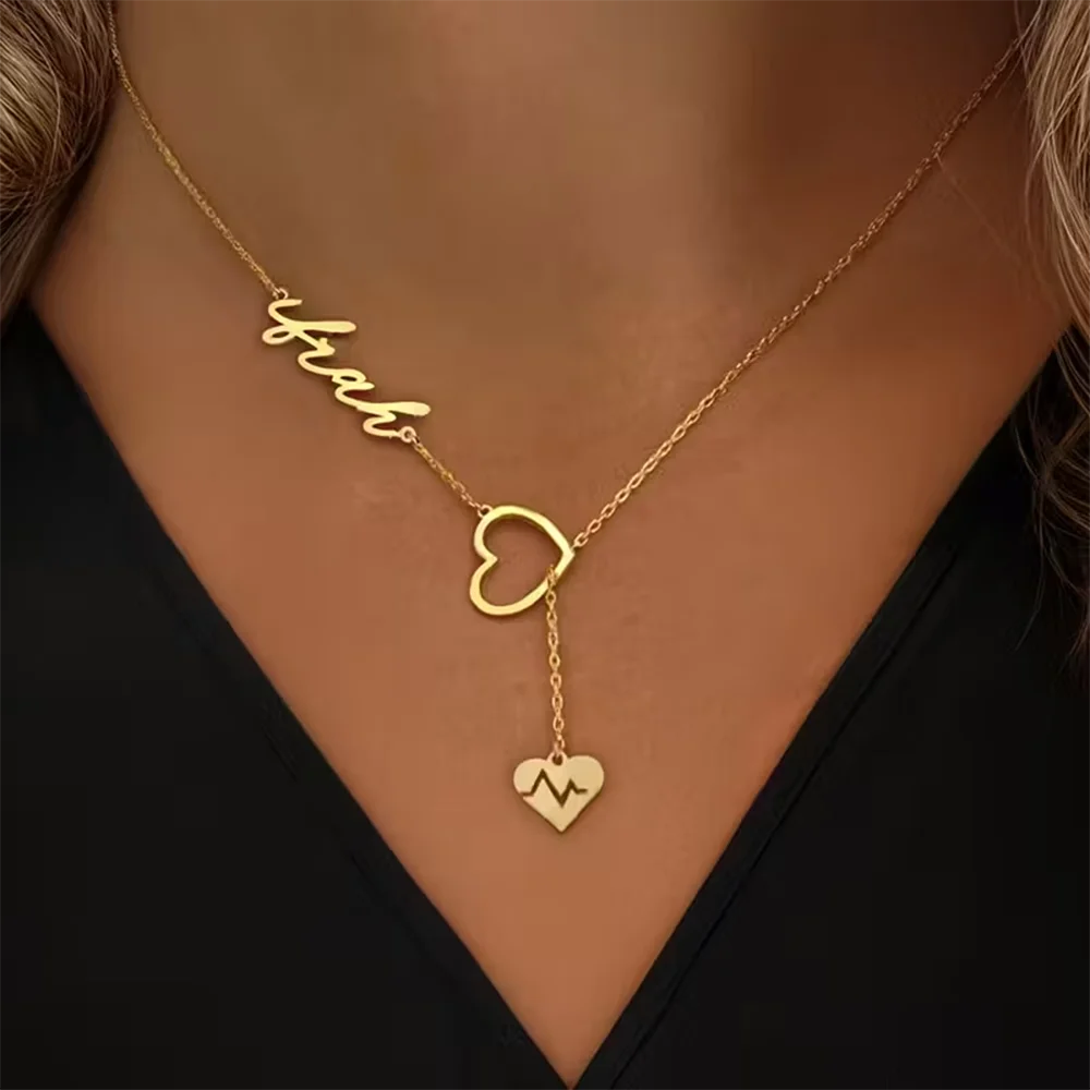 Customized Couple Heartbeat Name Necklace Y Shaped Chain Personalized Gold Color Stainless Steel Jewelry Valentine's Day Gifts