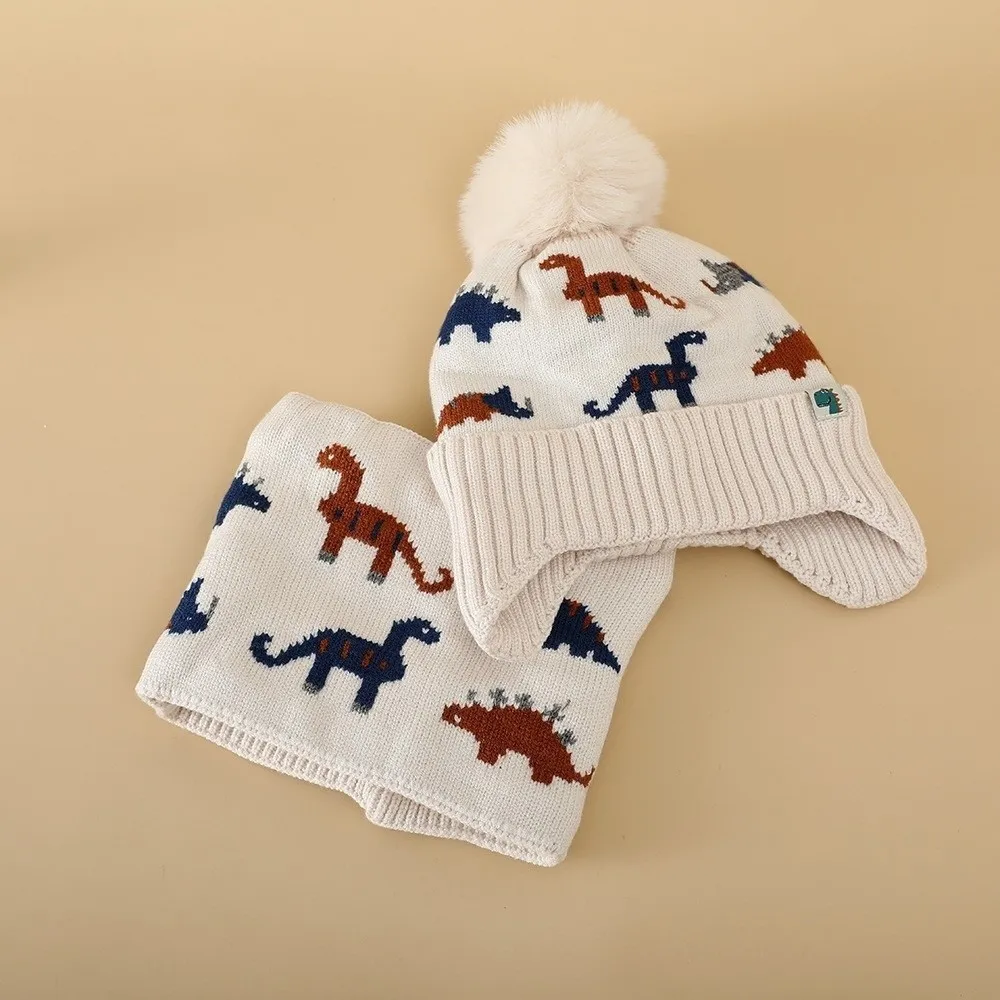 2Pcs Set Cute Thickened Baby Beanie Cap Warm Cartoon Dinosaur Scarf Set Ear Protection Knitted Hat Winter