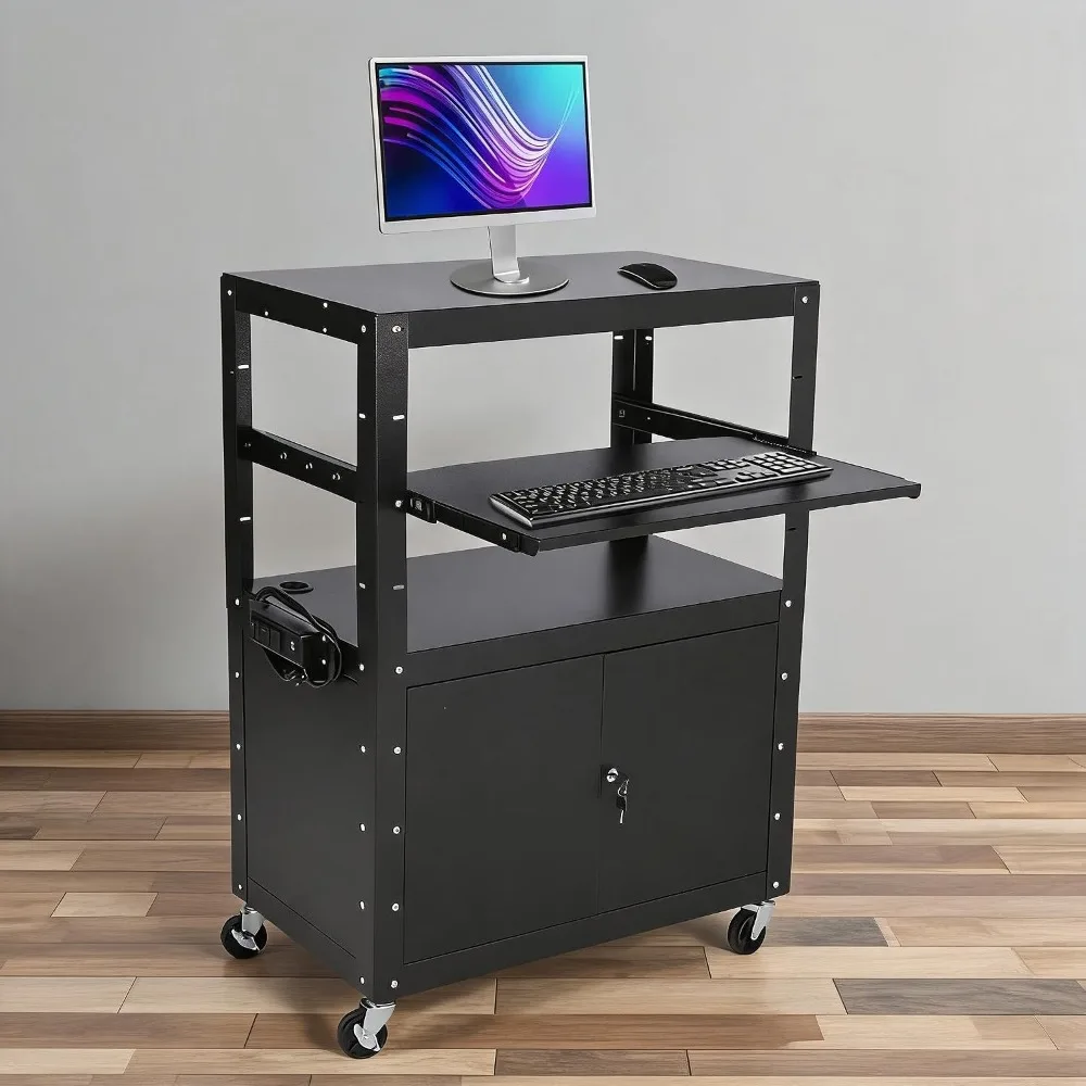 Adjustable Height AV Cart for Office Use Lockable Cabinet, Pullout Keyboard Tray, Sturdy Steel, Extra Storage, US Power Outlet, Rolling Utility Trolley – Without Extension Frame