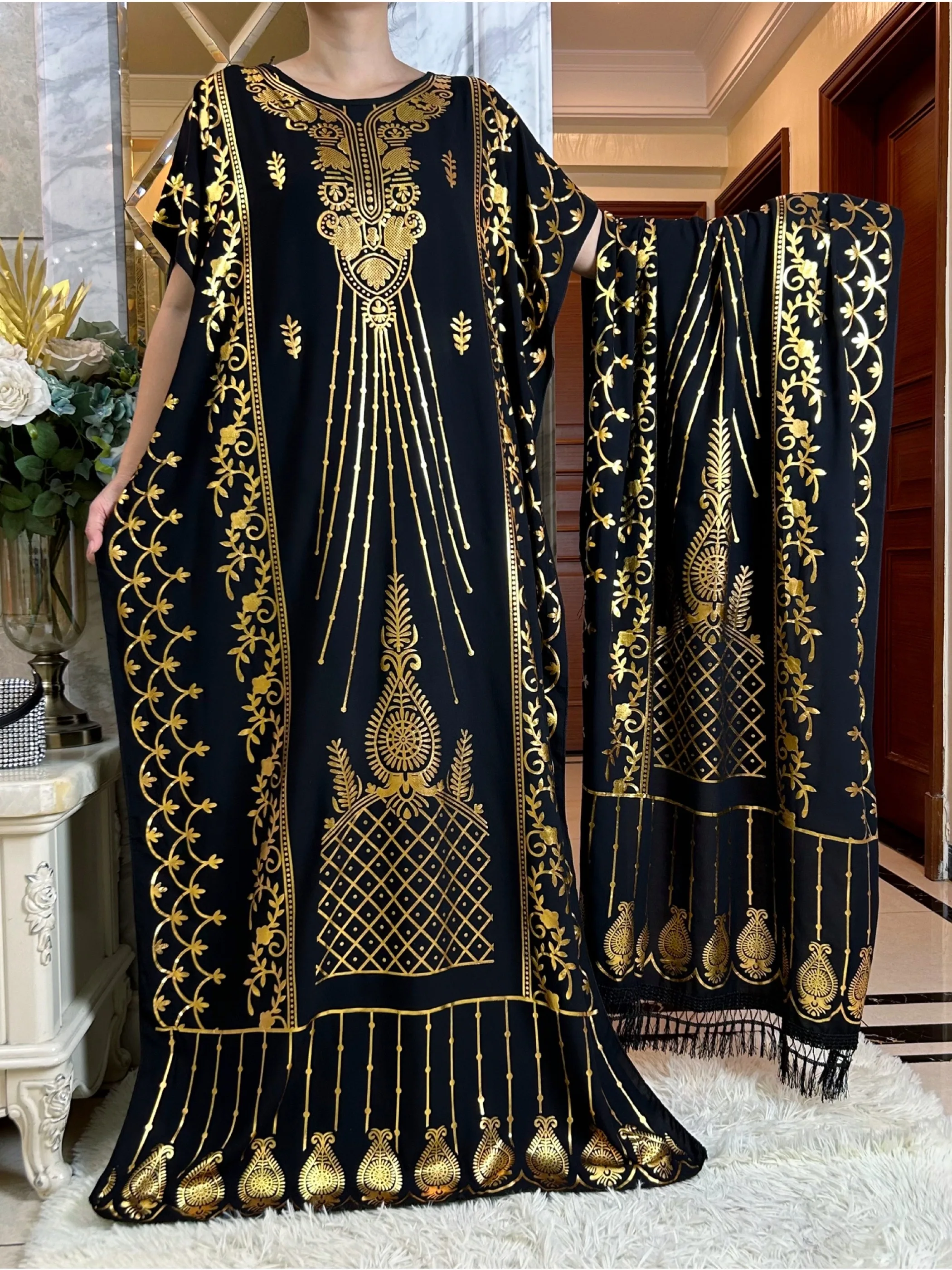 2024Newest Summer Abaya Dress Short Sleeve Cotton Loose Dress With Big Scarf Gold Stamping  Boubou Maxi Islam Women Clothing