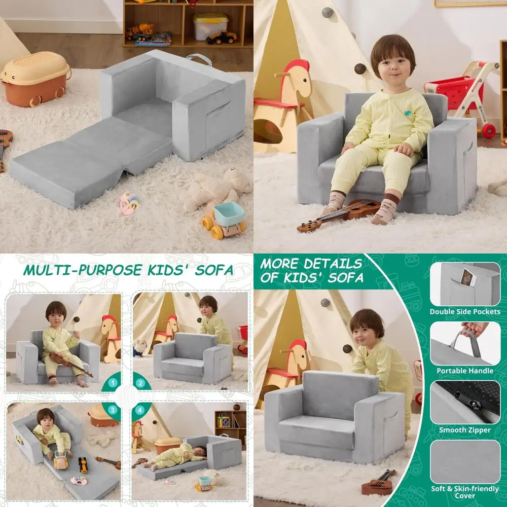 

Диван-трансформер для малышей, 2-в-1, для возраста 1-3 года, с функцией кровати, коралловый и серый