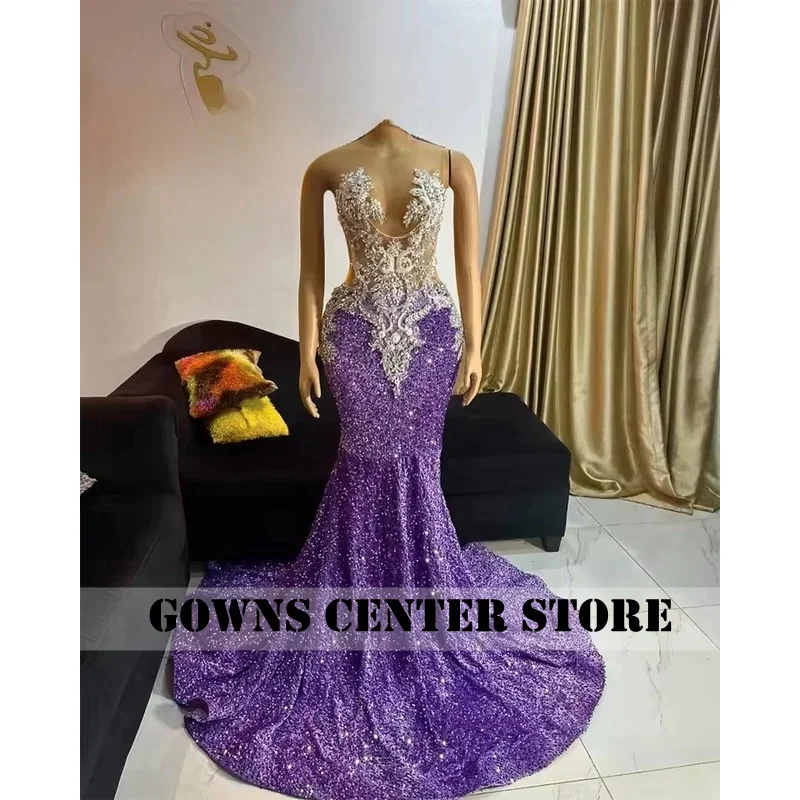 

Purple O Neck Beaded Lace Appliques Sequin Prom Dresses Black Girls Mermaid Dress For Party Wedding Evening Elegant Customized
