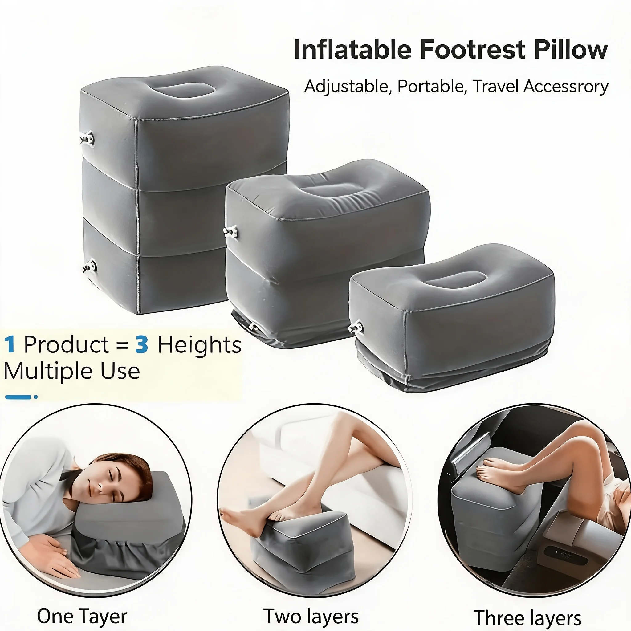 3-Layer Ergonomic Inflatable Airplane Foot Rest Pillow Adjustable Height Portable Folding Travel  Foot Rest Leg Cushion Pillow