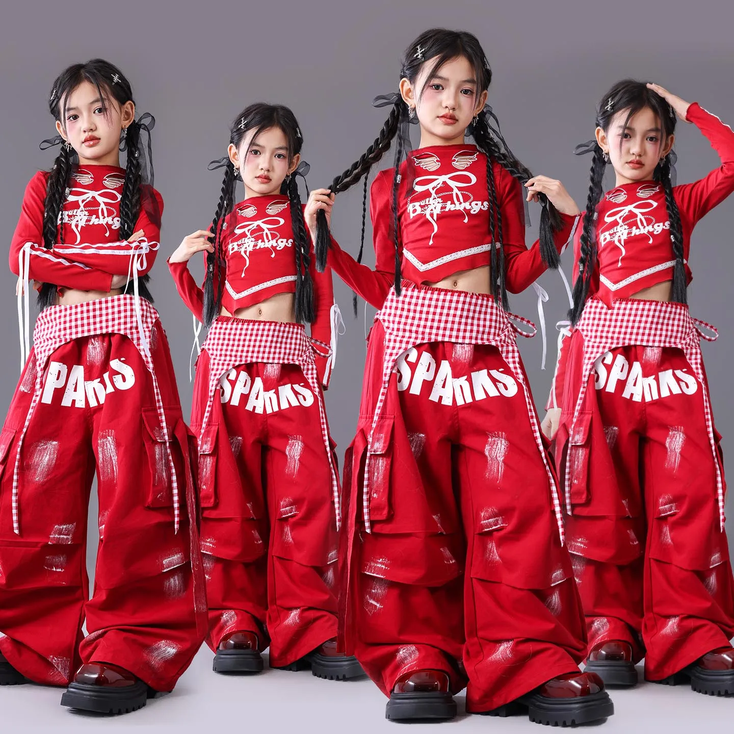 

New Ballroom Hip Hop Dance Costumes For Girls Red Kpop Outfits Children Street Dance Wear Jazz Performance Rave Clothes DQS21665
