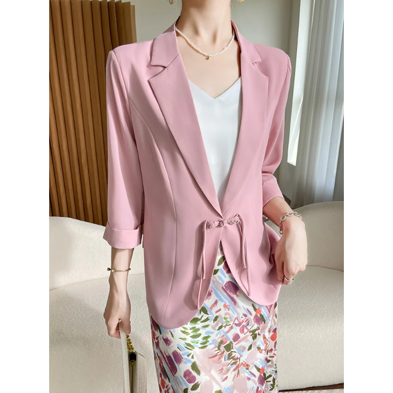 Women Thin Summer Brazers Chiffon Three-quarter Sleeve Buttoned Suits Single-layer Drape Slim Fit Tops Office Lady Clothing Wear