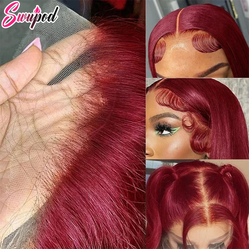 13x6/13x4 Hd Lace Front Human Hair Red Burgundy 99j Brazilian Straight Lace Frontal Wigs For Black Women Pre Plucked Colored