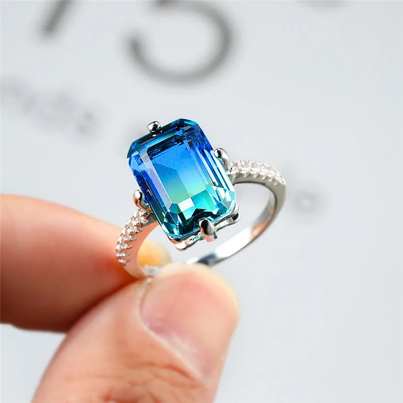 Vintage Female Rainbow Crystal Stone Classic Silver Color Thin Wedding Rings For Women Charm Bridal Square Engagement Jewelry