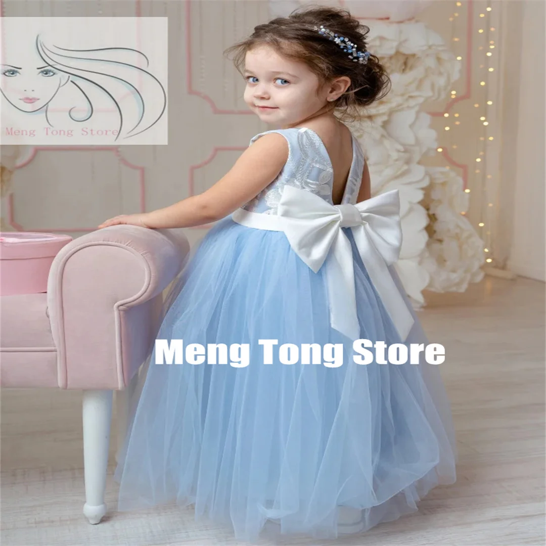 Customization Flower Girl Dresses Blue Tulle White Flory Patter With Bow Sleeveless For Wedding Birthday Party First Communion G